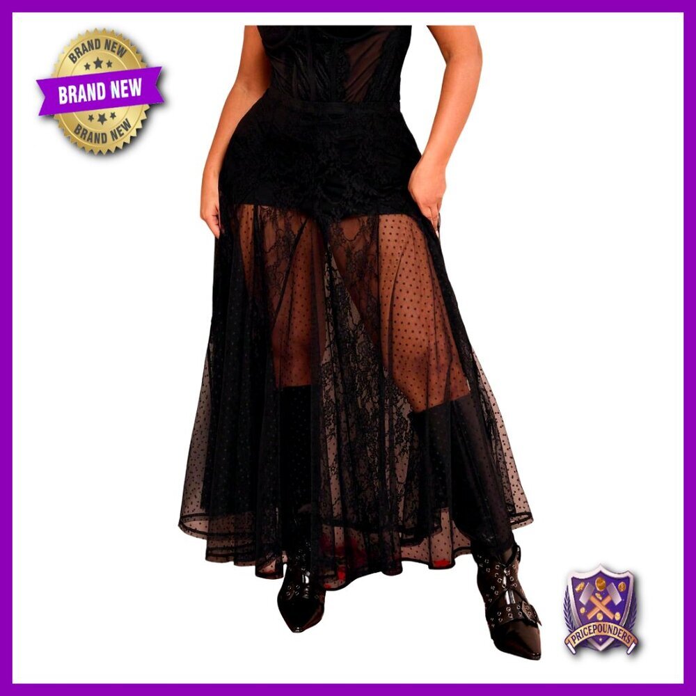 Plus Size Lace Mesh Sheer Maxi Skirt Flowy High Waisted Tulle
